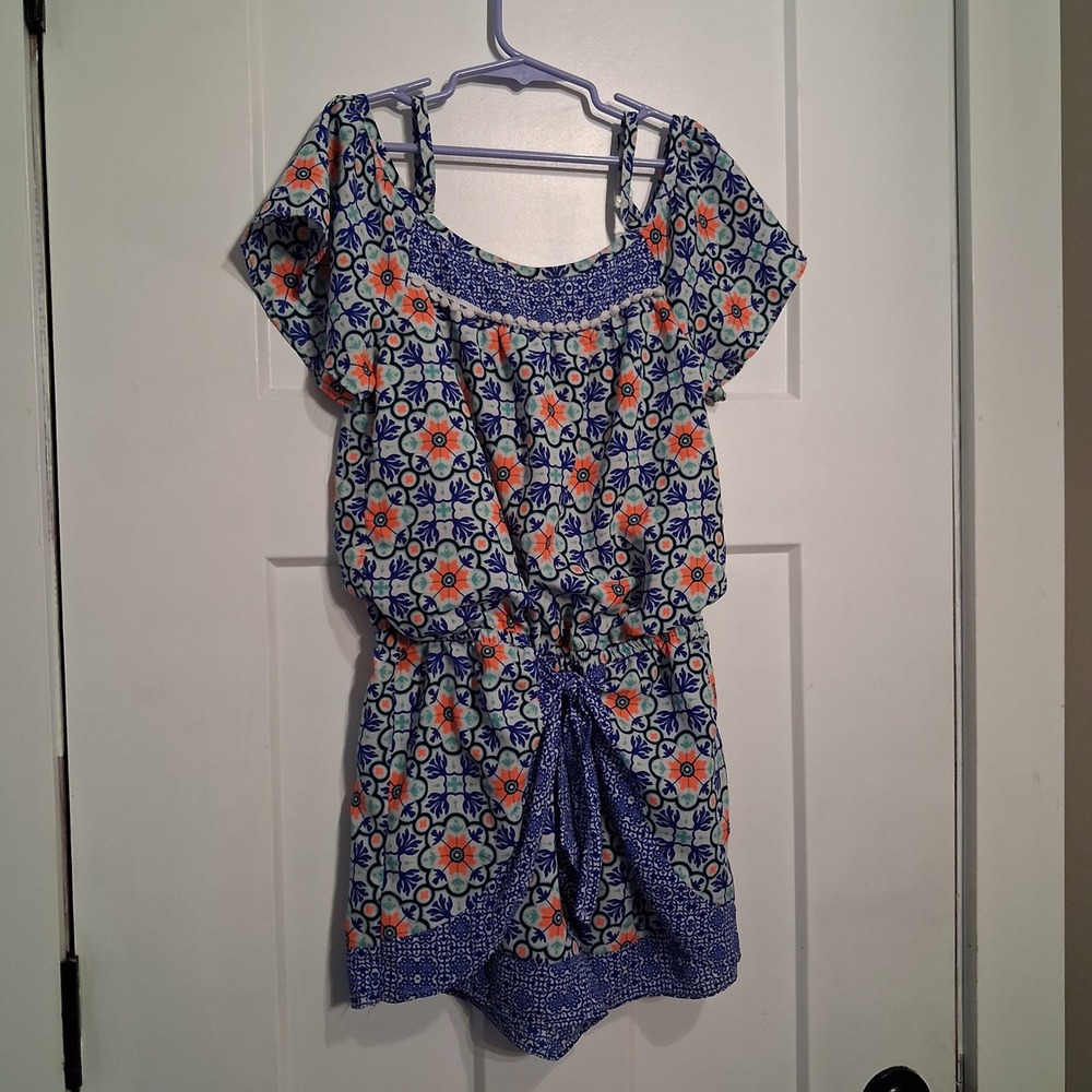 Takara Girls Blue Orange Medallion Floral Cold Shoulder Romper Size Medium M
